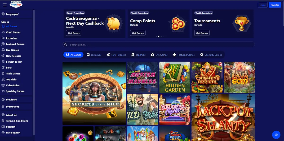 Spiellobby von Vegas Days Casino Vegas Days Casino Spiellobby mit Slots und laufenden Aktionen