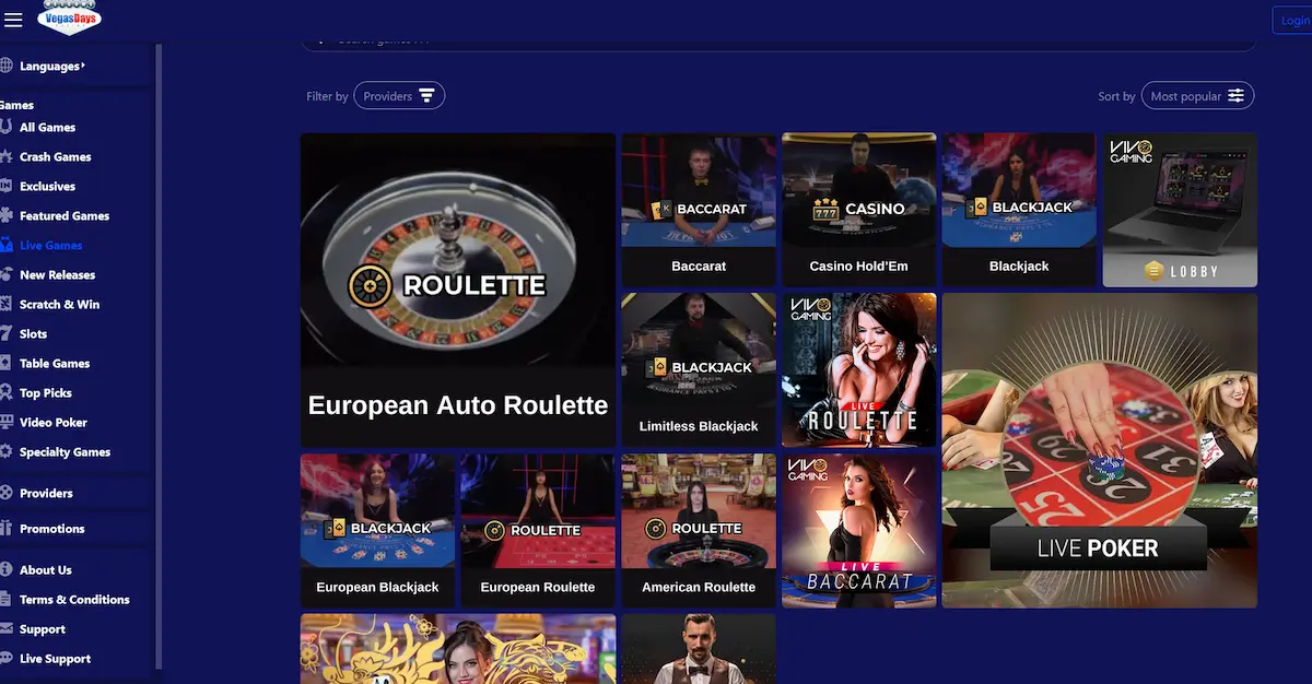 Live-Casino von Vegas Days Casino Live-Casino von Vegas Days mit echten Croupiers von Vivo Gaming